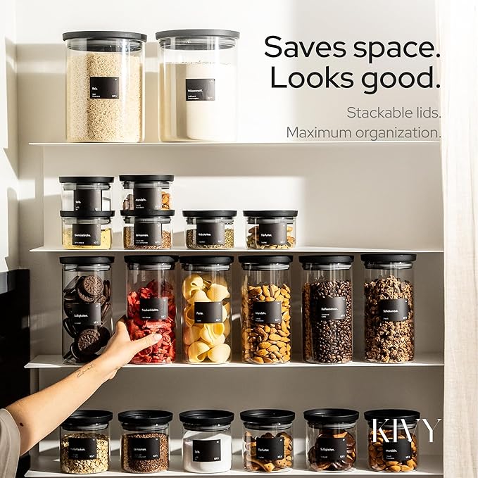 KIVY Airtight Glass Jars with Lids & Labels Stackable Glass storage jars with - Image 3