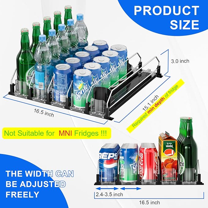 6 Rows Black Drink Organizer for Fridge, 3rd Gen Refrigerator Organizers and - Image 3