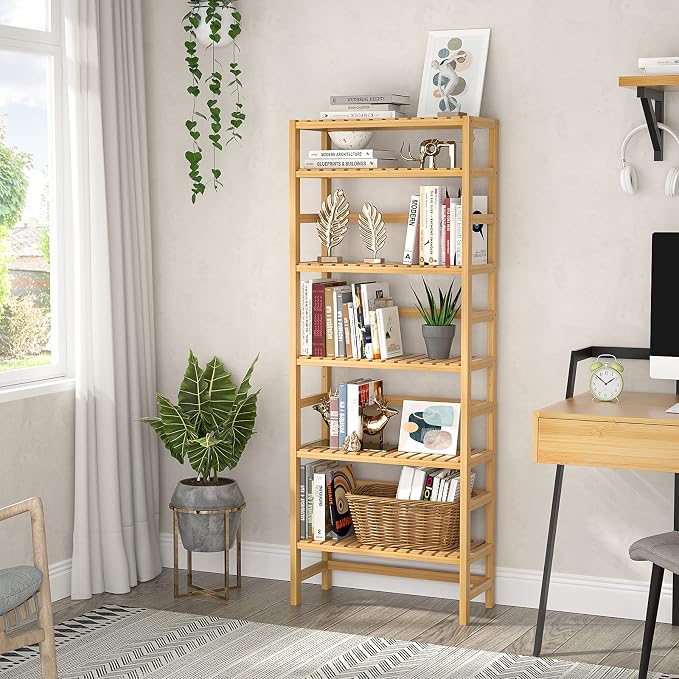Homykic 6-Tier Bamboo Bookshelves and Bookcases, Adjustable 63.4”Tall Shallow - Image 4
