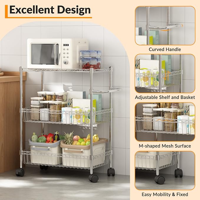 Chrome 3 Tier Rolling Storage Cart, Metal Wire Kitchen Cart - Image 6