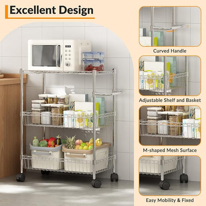 Chrome 3 Tier Rolling Storage Cart, Metal Wire Kitchen Cart - Image 6