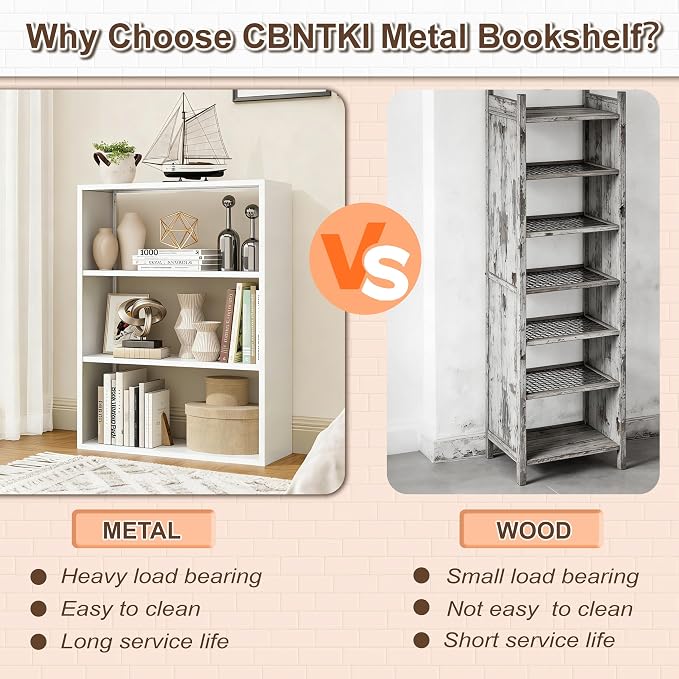 3 Tier White Metal Bookshelf, Small Open Bookcase - Image 5
