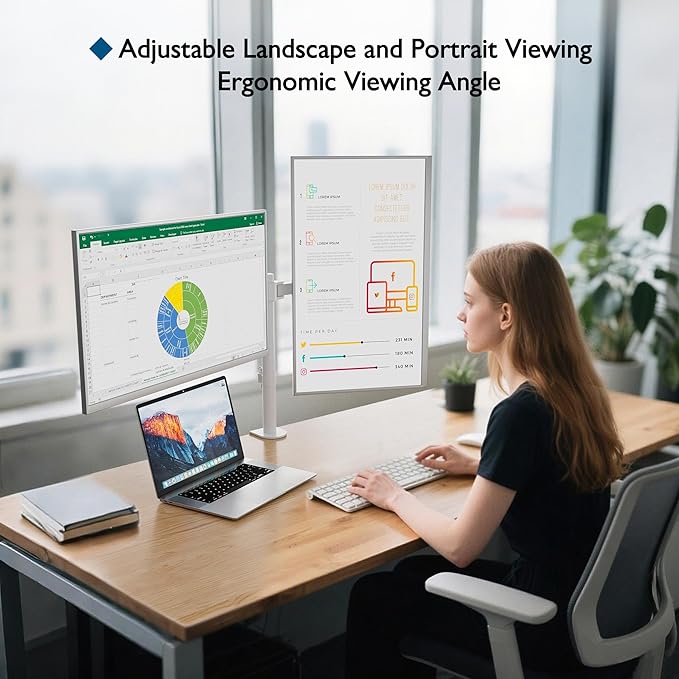 BONTEC Dual Monitor Desk Mount, Full Motion Adjustable White Monitor Stand - Image 5