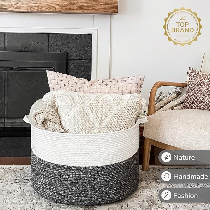 INDRESSME XXXLarge Cotton Rope Basket 21.7" x 21.7" x 13.8" Woven Baby Laundry - Image 7