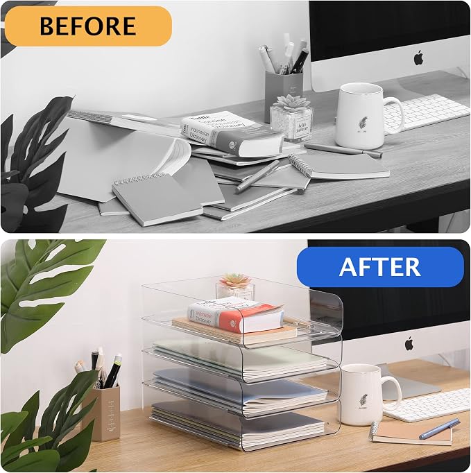 CiWiVOKi 4 Trays Paper Organizer Letter Tray, Acrylic Clear PET Desk File - Image 7