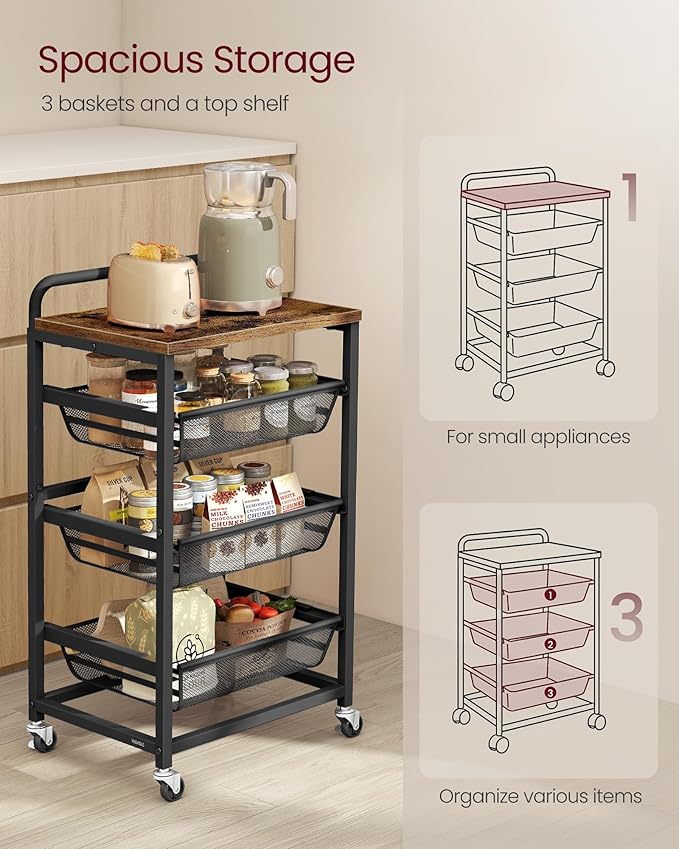 VASAGLE Storage Cart with Pull-Out Baskets, 4-Tier Kitchen Cart with Wheels - Image 7