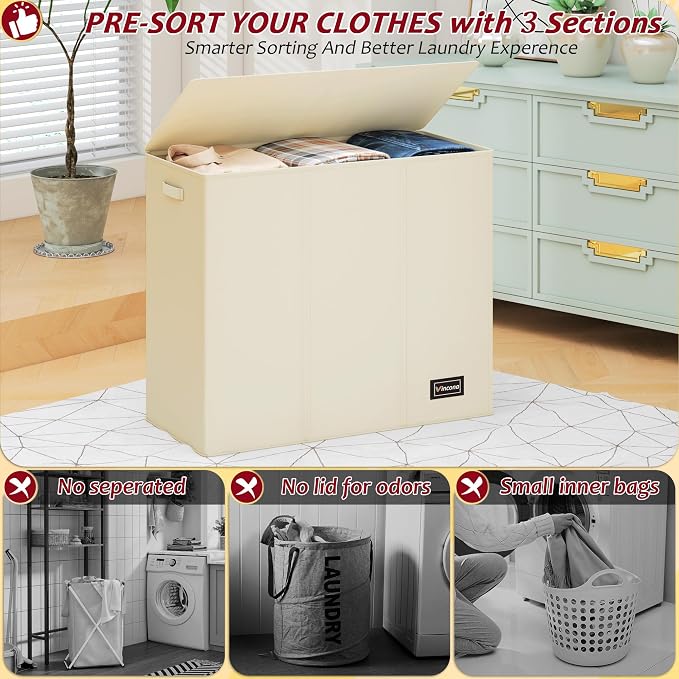 195L Laundry Hamper 3 Section, Large Laundry Hamper - Image 3