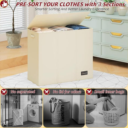 195L Laundry Hamper 3 Section, Large Laundry Hamper - Image 3