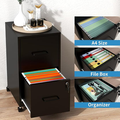 2 Drawer File Cabinet with Lock, Small Rolling Metal Office Storage Mobile - Image 4