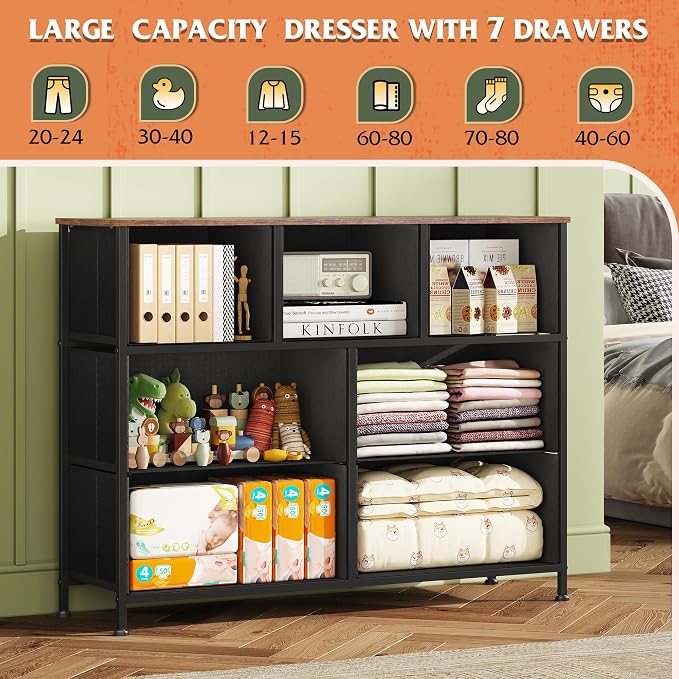 WLIVE Dresser for Bedroom, 7 Drawers, TV Stand, Pattern | 7 roomy fabric drawers - Image 4