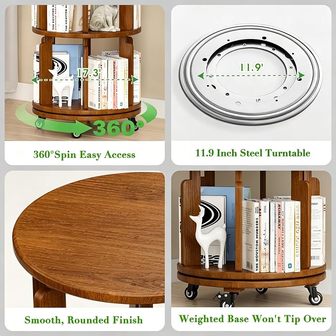 6 Tier 360° Rotating Solid Wood Bookshelf - Image 7