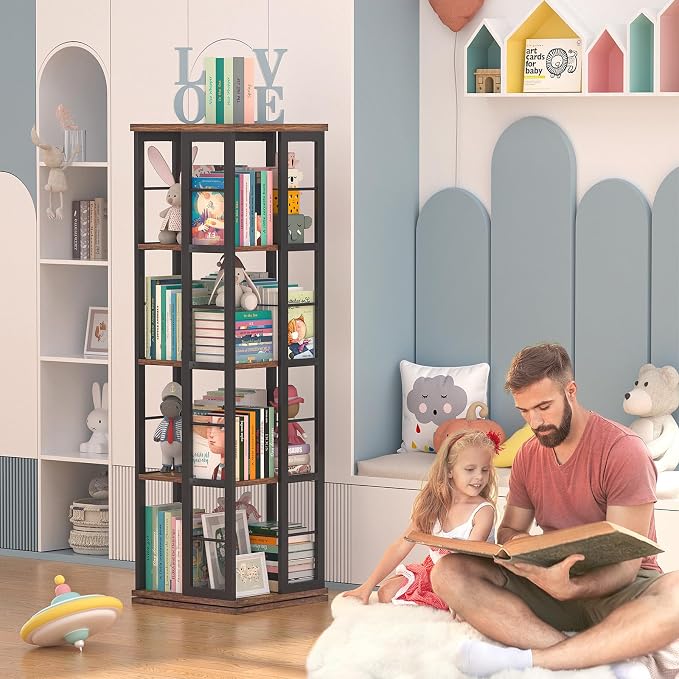 Aheaplus Rotating Bookshelf, Corner Bookshelf, 360 Display Wood Spinning - Image 5