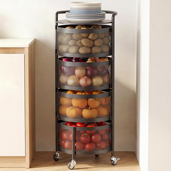 JAQ No Assembly Rotating Kitchen Storage Rack, 4-Tier Metal Basket Organizer by JAQ-BuyNow