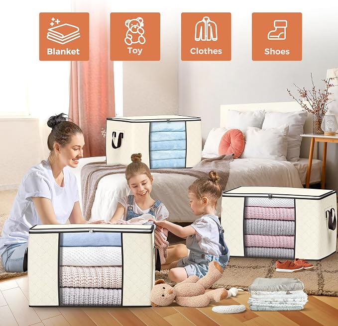 90 L Large Storage Bags, 6 Pack Clothes Storage Bins Foldable Closet Organizers - Image 3