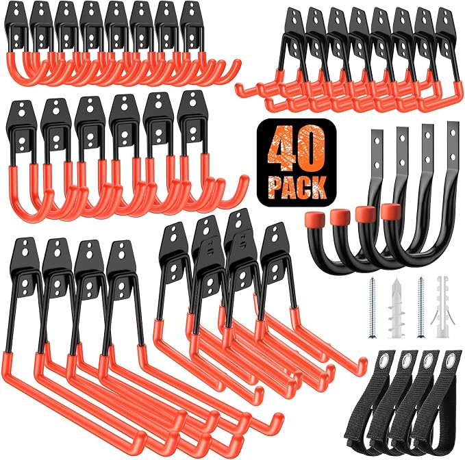 40 Pack Heavy Duty Garage Hooks, Solid Steel Wall Mount Hangers, by MIKRUI