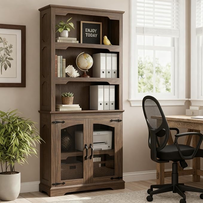 70 Inch Farmhouse Bookcase, Walnut Two-Tone Shelves, 5 Tier Bookshelf by Unknown