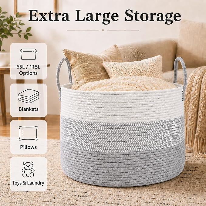 JMvicyroam 115L Extra Large Machine Washable Cotton Rope Blanket Basket | - Image 2