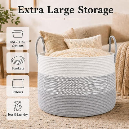 JMvicyroam 65L Extra Large Machine Washable Cotton Rope Blanket Basket | - Image 2