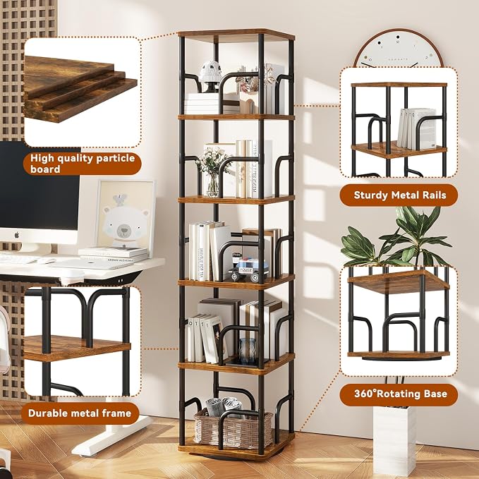 IBUYKE 6 Tier Rotating Bookshelf, Square Bookcases - Image 5