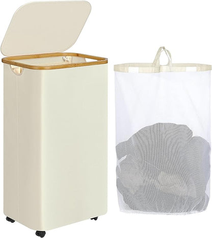 Laundry Basket with Wheels, 110L Beige Clothes Hamper by iEGrow