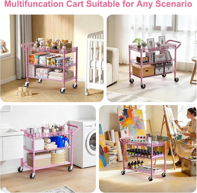 Pink Rolling Utility Cart with Wheels, 990Lbs Heavy Duty Metal Cart with Handle - Image 7