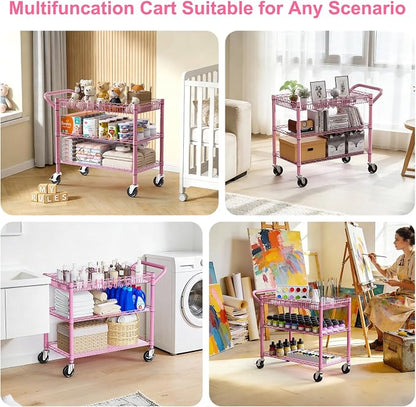 Pink Rolling Utility Cart with Wheels, 990Lbs Heavy Duty Metal Cart with Handle - Image 7