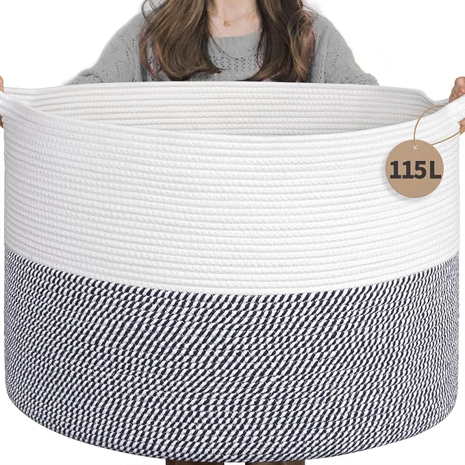 INDRESSME 115L Extra Large Cotton Rope Basket, Blanket Basket by INDRESSME