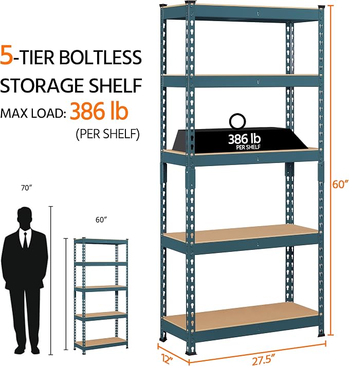 Topeakmart 5-Tier Utility Shelves, Metal Storage Shelves, Adjustable Shelving - Image 3
