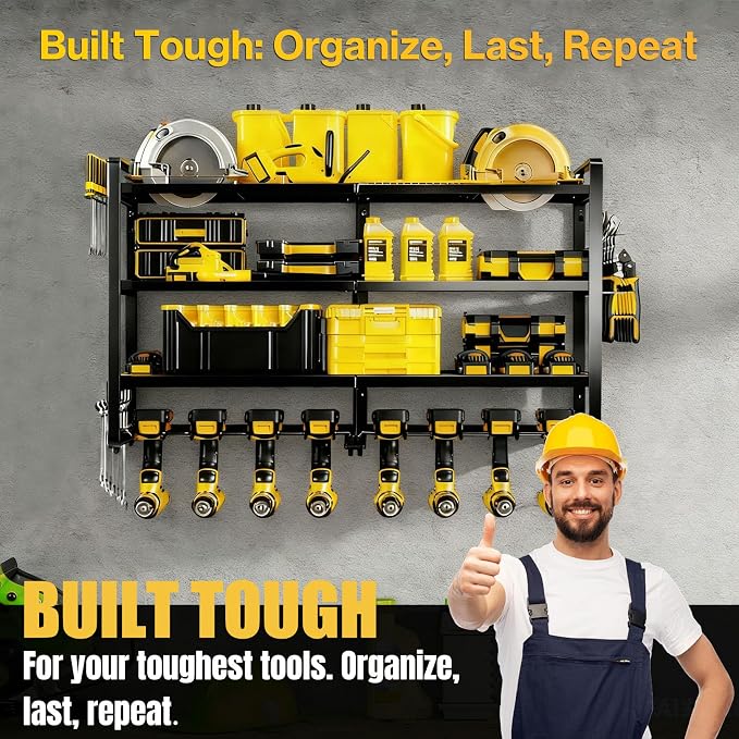 Heavy Duty 4-Tier Wall Mount Tool Rack, 8-Drill Holder & Charging Station - Image 6