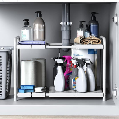 Simple Houseware Under Sink 2 Tier Expandable Heavy Duty Metal Shelf Organizer - Image 7