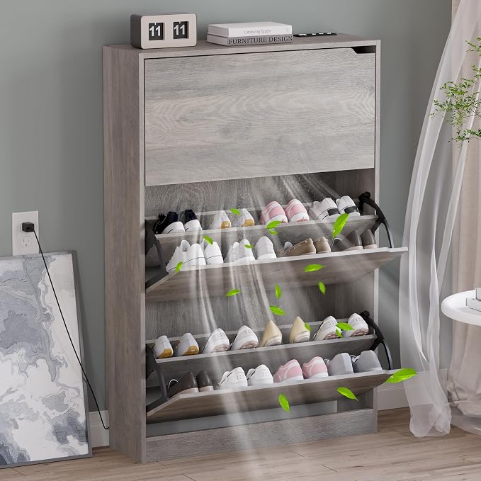 BORNOON Shoe Cabinet with Odor Control and Back Panels, Deodorizing Slim 3-Flip by BORNOON