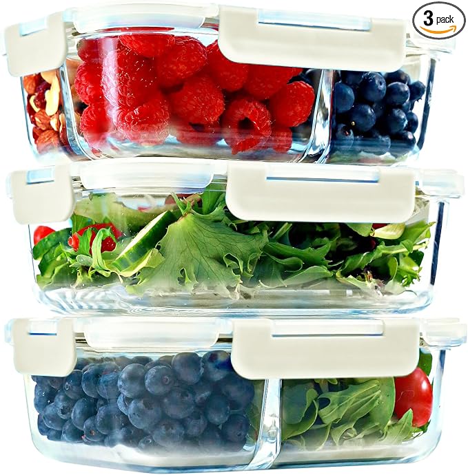 FIT Strong & Healthy Glass Meal Prep Containers, 1 & 2 & 3 Compartments – Adult by FITSTRONGHEALTHY