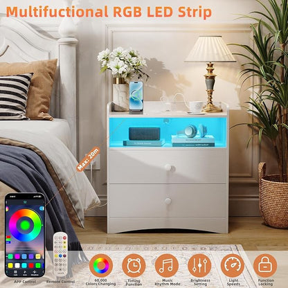 2 Pack Nightstand with Charging Station and LED Light, Modern Nightstand with - Image 3