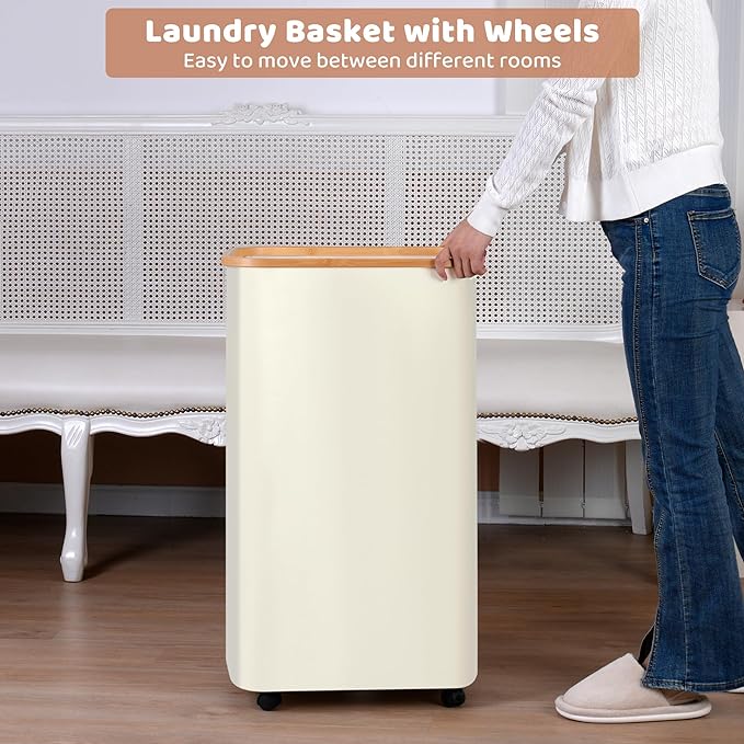 Laundry Basket with Wheels, 110L Beige Clothes Hamper - Image 5
