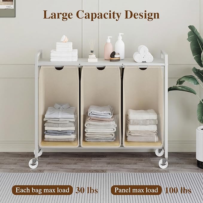 3-Section Laundry Hamper with Shelf, Pull-Out Removable 12.8 gal Bags, Metal - Image 4