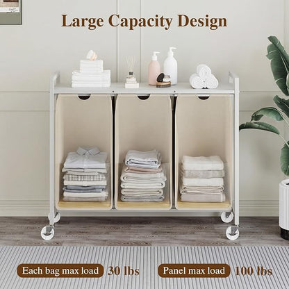 3-Section Laundry Hamper with Shelf, Pull-Out Removable 12.8 gal Bags, Metal - Image 4