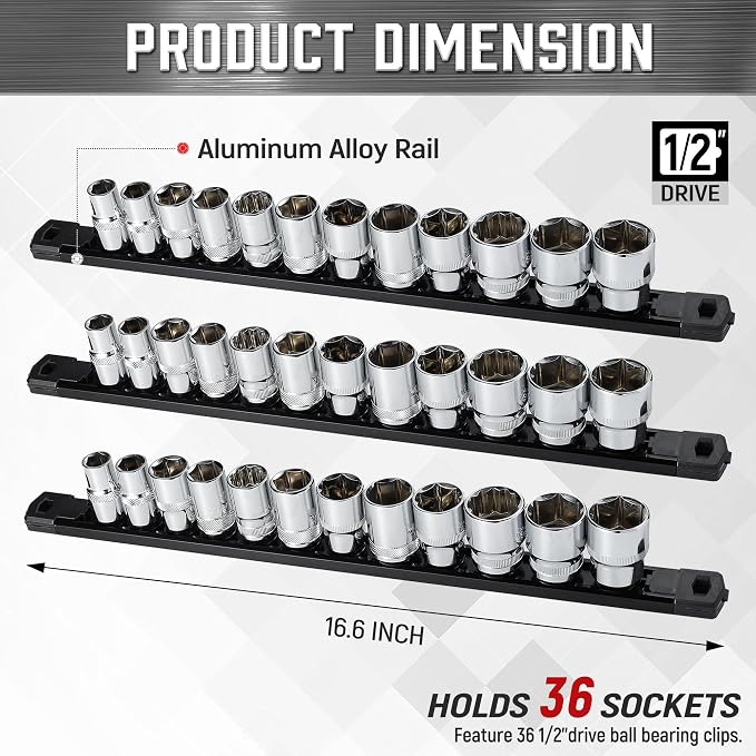 ALOANES 3-Piece Magnetic Socket Organizer, Heavy Duty Aluminum Socket Rails - Image 2