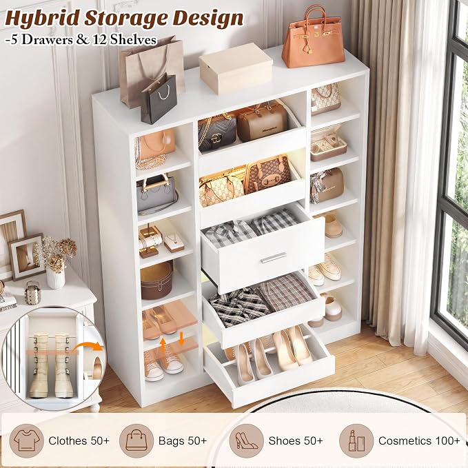 Besiost 40" Closet System with Lights, Wood Closet Organizer with 5 Drawers | - Image 4