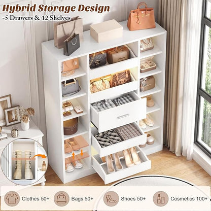 Besiost 40" Closet System with Lights, Wood Closet Organizer with 5 Drawers | - Image 4