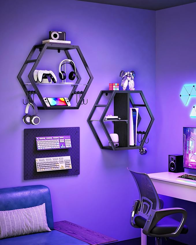 Hexagon Floating Shelves Set of 2, Glass Hanging Shelves - Image 3