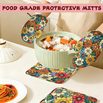 Flower Heat-Resistant Silicone Oven Mitts and Pot Holders, Cute Mandala Floral - Image 7