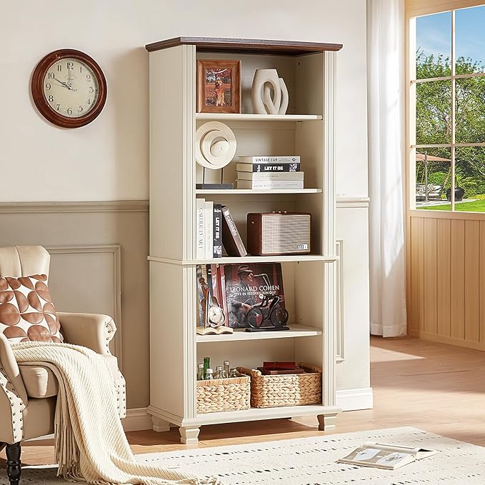 70" Tall White Bookshelf, 5 Tier Wood Book Shelf - Image 4