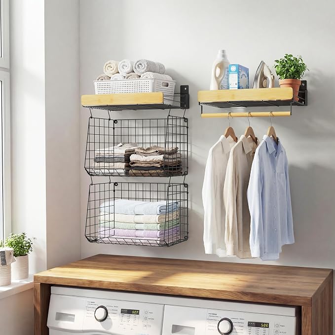 Wall Mounted Laundry Room Shelves, Wire Baskets - Image 2