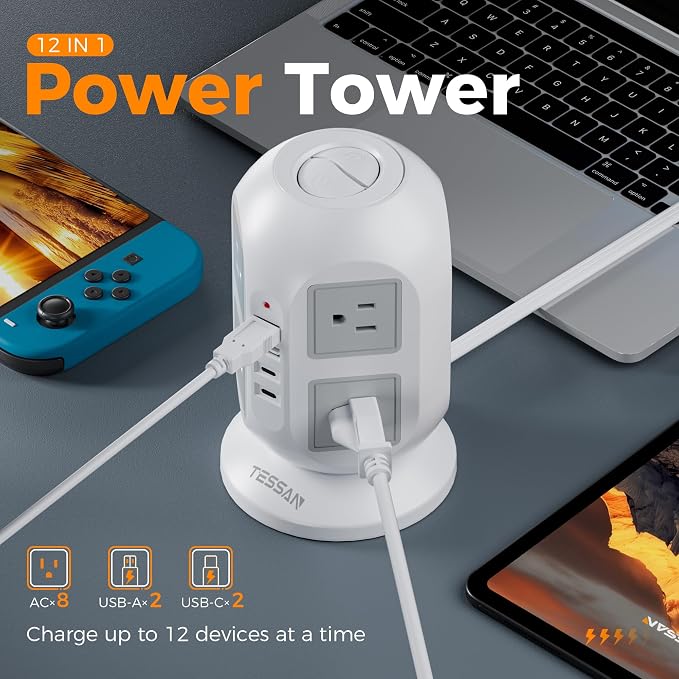 Tower Power Strip, Surge Protector 10 FT Cord, TESSAN Flat Plug Extension Cord - Image 2