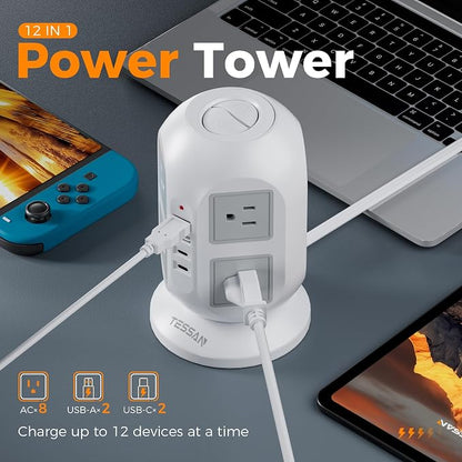 Tower Power Strip, Surge Protector 10 FT Cord, TESSAN Flat Plug Extension Cord - Image 2