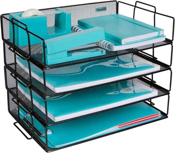 Stackable Paper Tray Desk Organizer, 4-Tier Metal Mesh Letter Organizers by DasherProducts