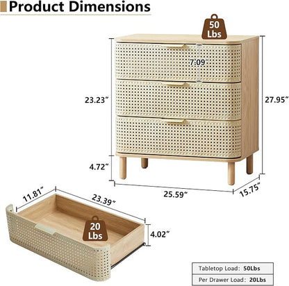 ORRD 3 Drawer Dresser Set of 2, Modern Iron Rattan Cabinet Dresser - Image 2