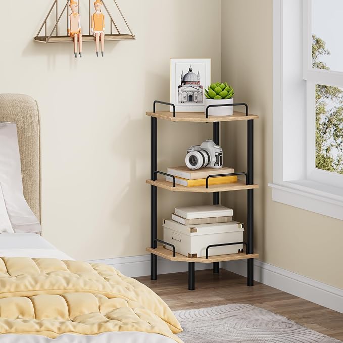 Tajsoon 3 Tier Corner Shelf Stand, Standing Corner Shelf Unit, Natural | Small - Image 2