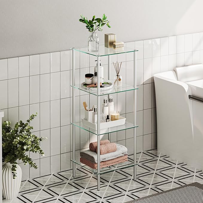 HOOBRO Glass Shelf, 4 Tier Bathroom Standing Shelf Unit, Tempered Glass - Image 2
