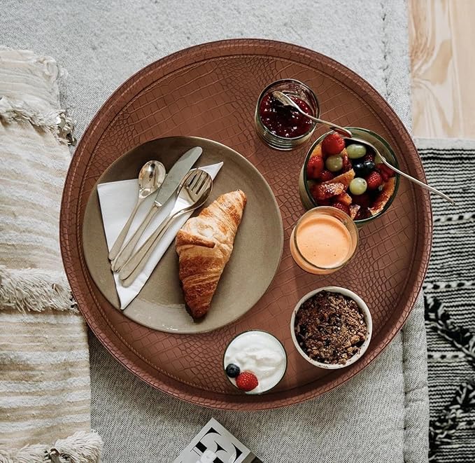 HofferRuffer Round Serving Tray 20'', Elegant Faux Leather Circle Ottoman Table - Image 4